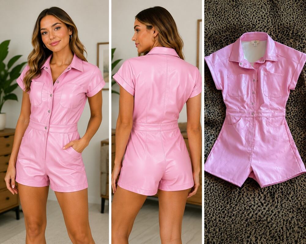 Entro Pink Faux Leather Romper Womens Small Snap Front Vegan Leather
